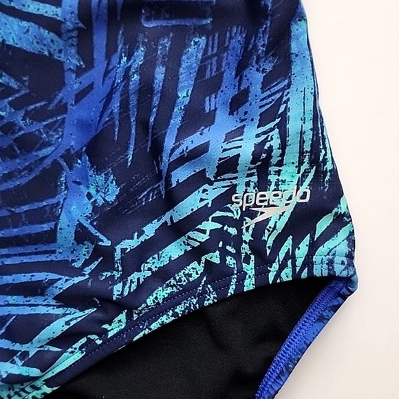 Speedo One Piece Swimsuit Abstract Foliage Turquoise Blue Cross Straps Sz 16 - Picture 6 of 12